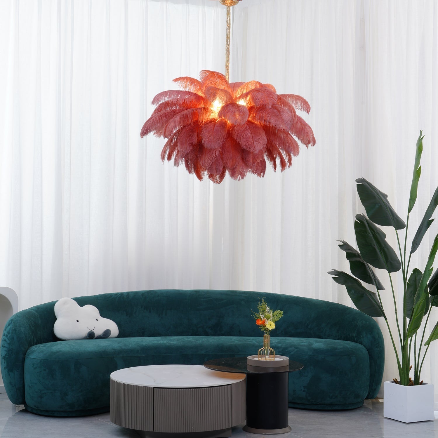 Auralira Chandelier Ostrich Feather Large Brass Stem