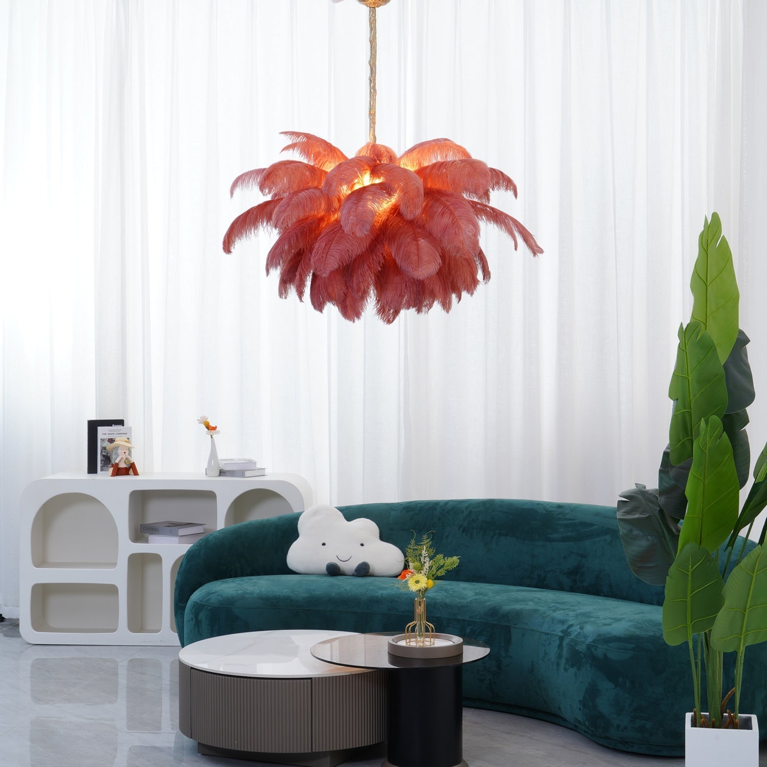 Auralira Chandelier Ostrich Feather Large Brass Stem