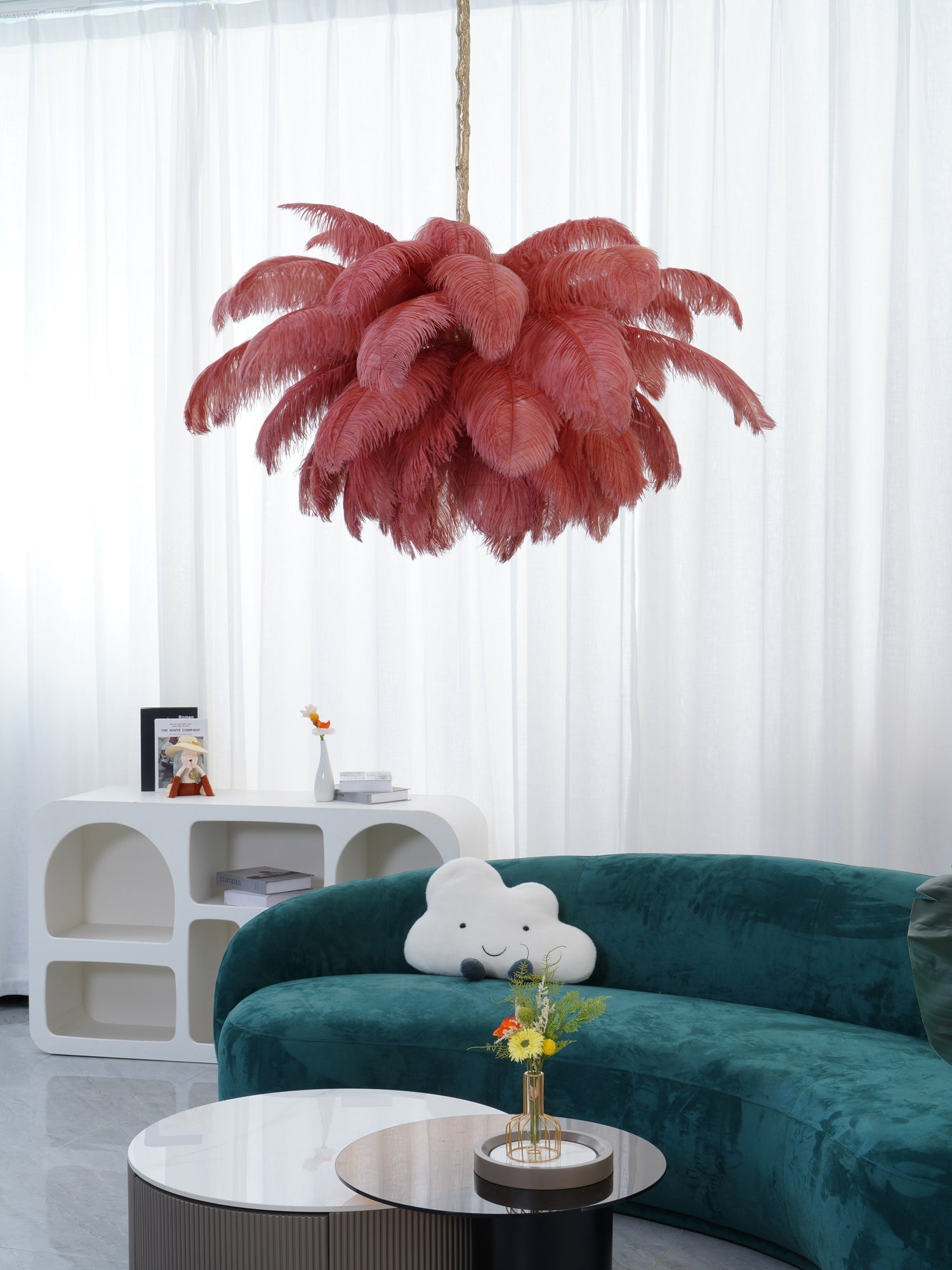 Auralira Chandelier Ostrich Feather Large Brass Stem