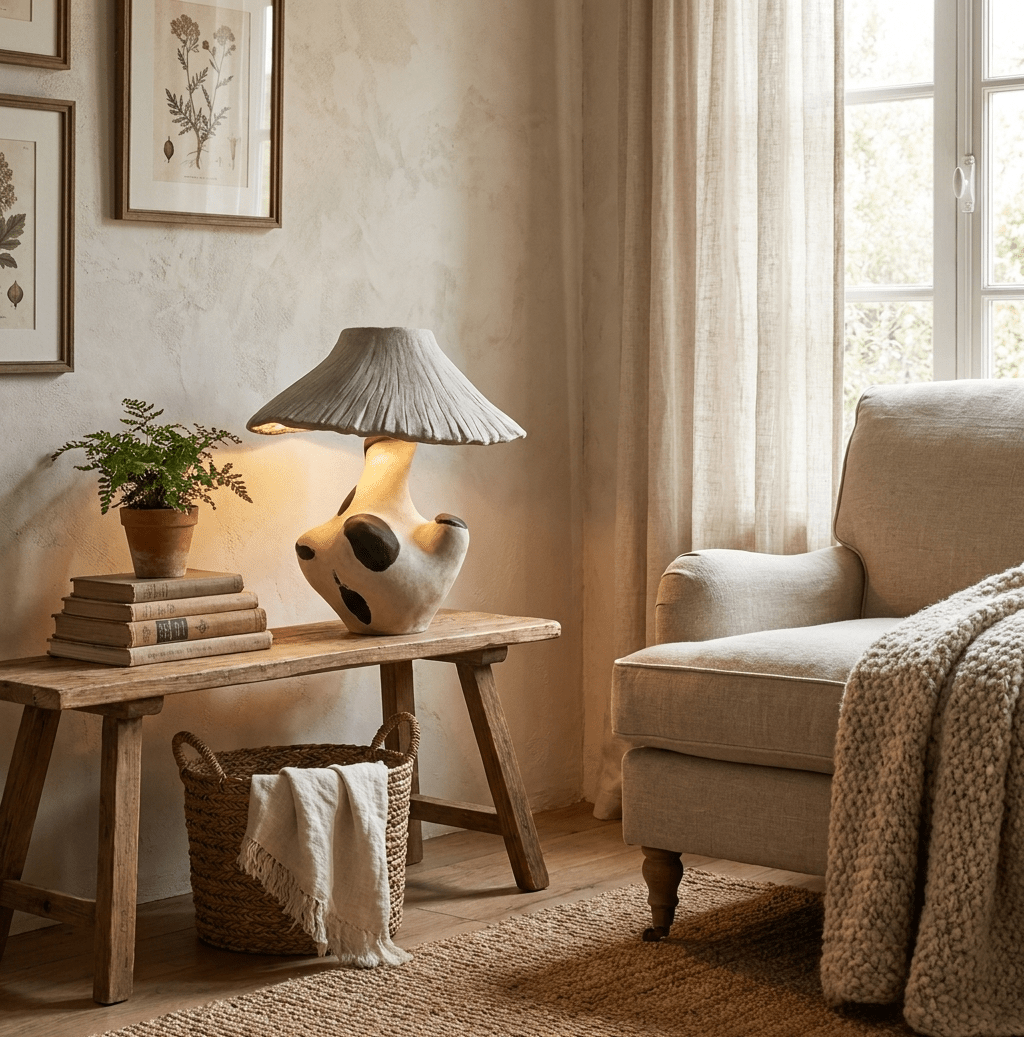 Pebble-Inlay Sculptural Plaster Table Lamp