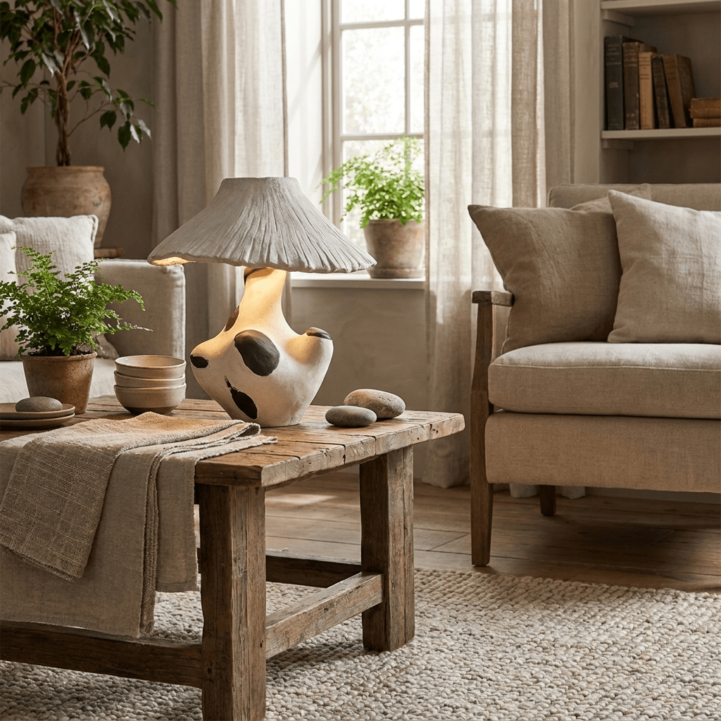 Pebble-Inlay Sculptural Plaster Table Lamp