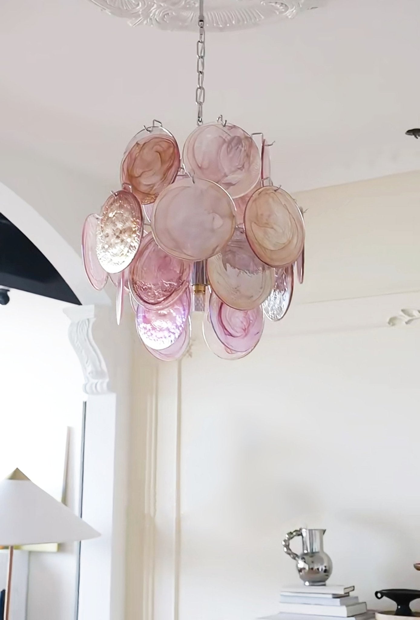 Celisaria Chandelier Pink Murano Glass Disc Vintage Charm