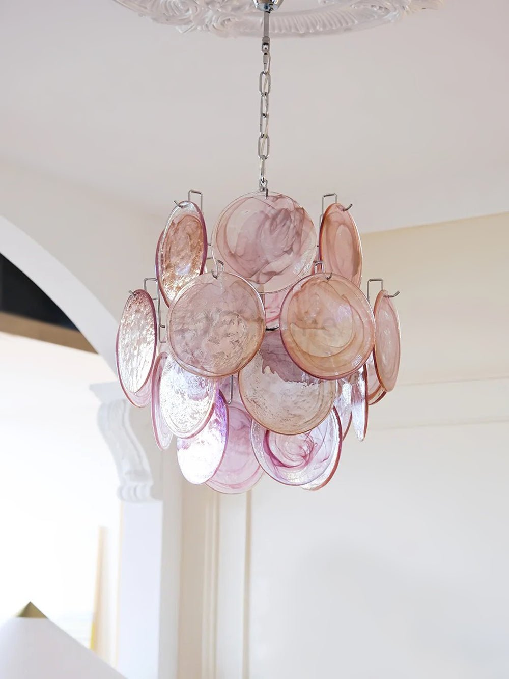 Celisaria Chandelier Pink Murano Glass Disc Vintage Charm