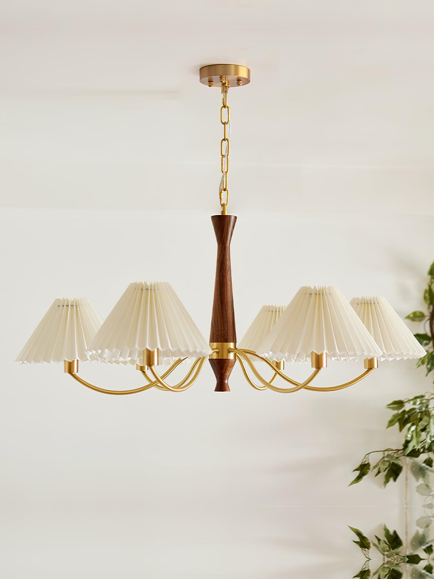 Calivine Chandelier Pleated with White Lampshades Mid-Century