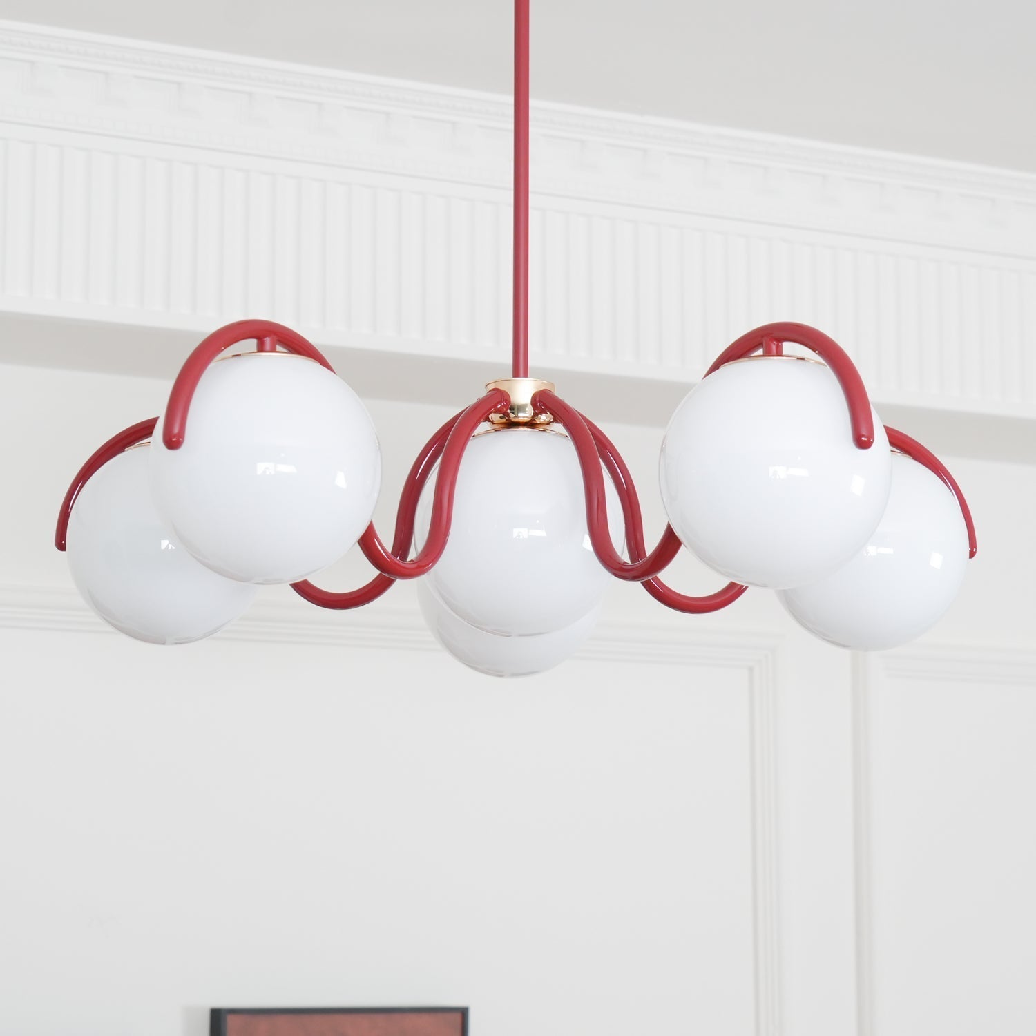 Eireine Chandelier White Glass Globes Curved Frame