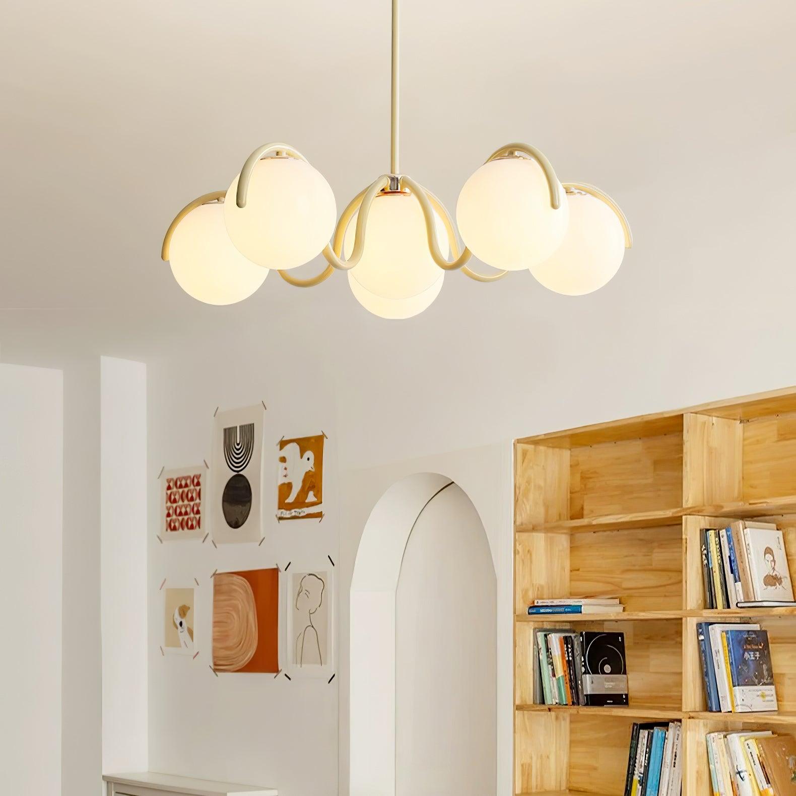 Eireine Chandelier White Glass Globes Curved Frame