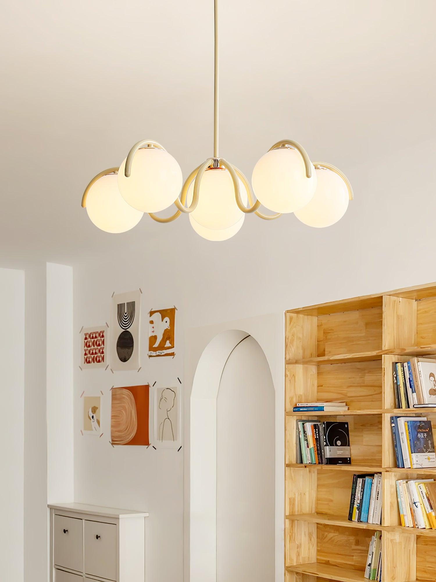 Eireine Chandelier White Glass Globes Curved Frame