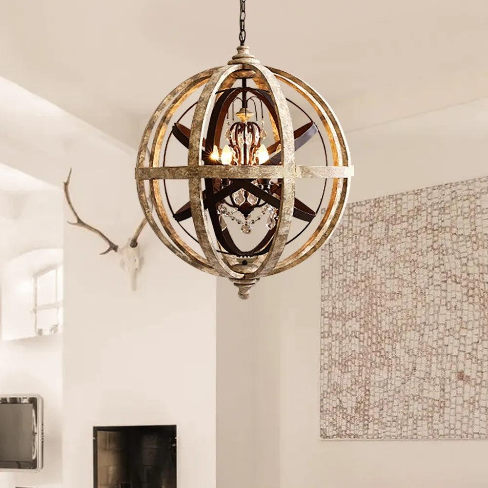 Juno Chandelier Retro Globe with Weathered Wood
