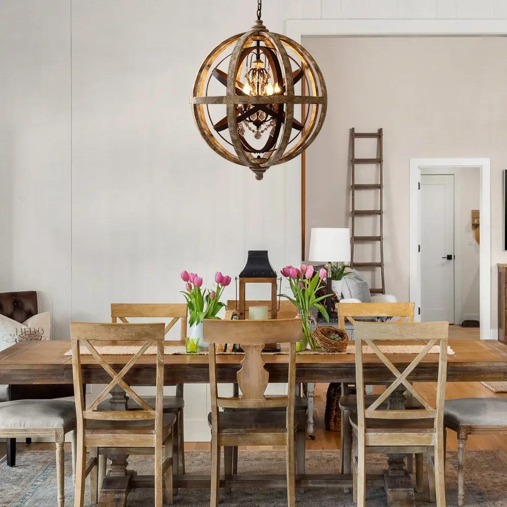 Juno Chandelier Retro Globe with Weathered Wood