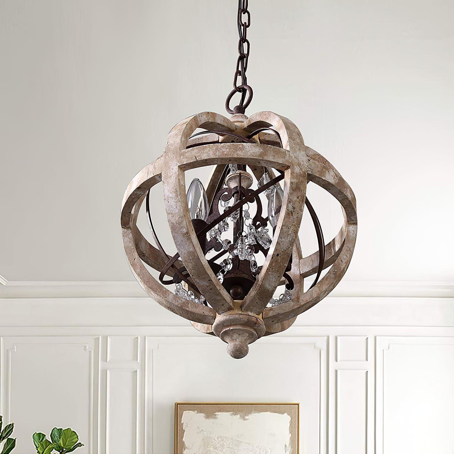 Juno Chandelier Retro Globe with Weathered Wood