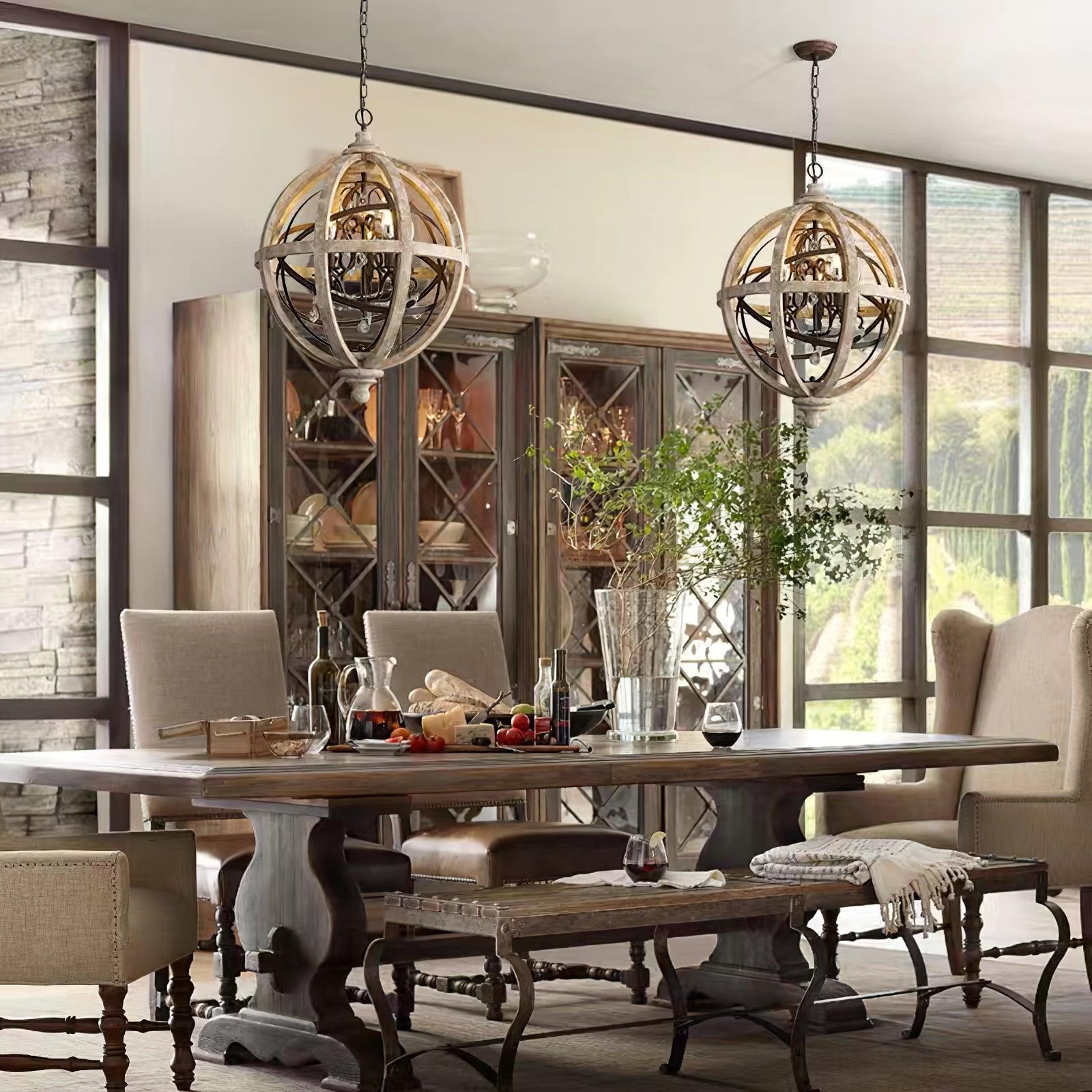 Juno Chandelier Retro Globe with Weathered Wood