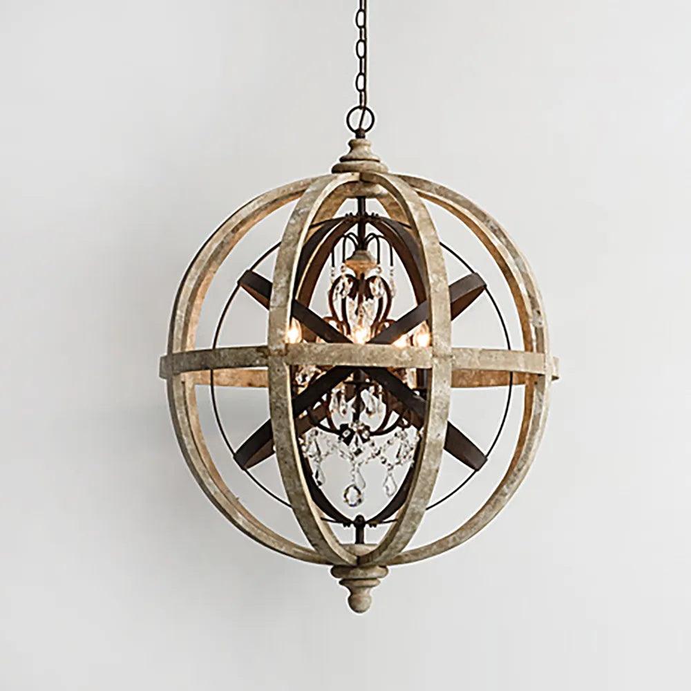 Juno Chandelier Retro Globe with Weathered Wood