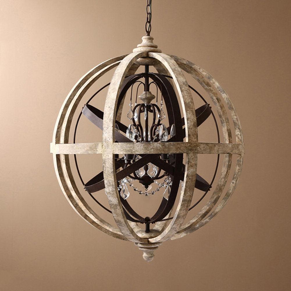 Juno Chandelier Retro Globe with Weathered Wood