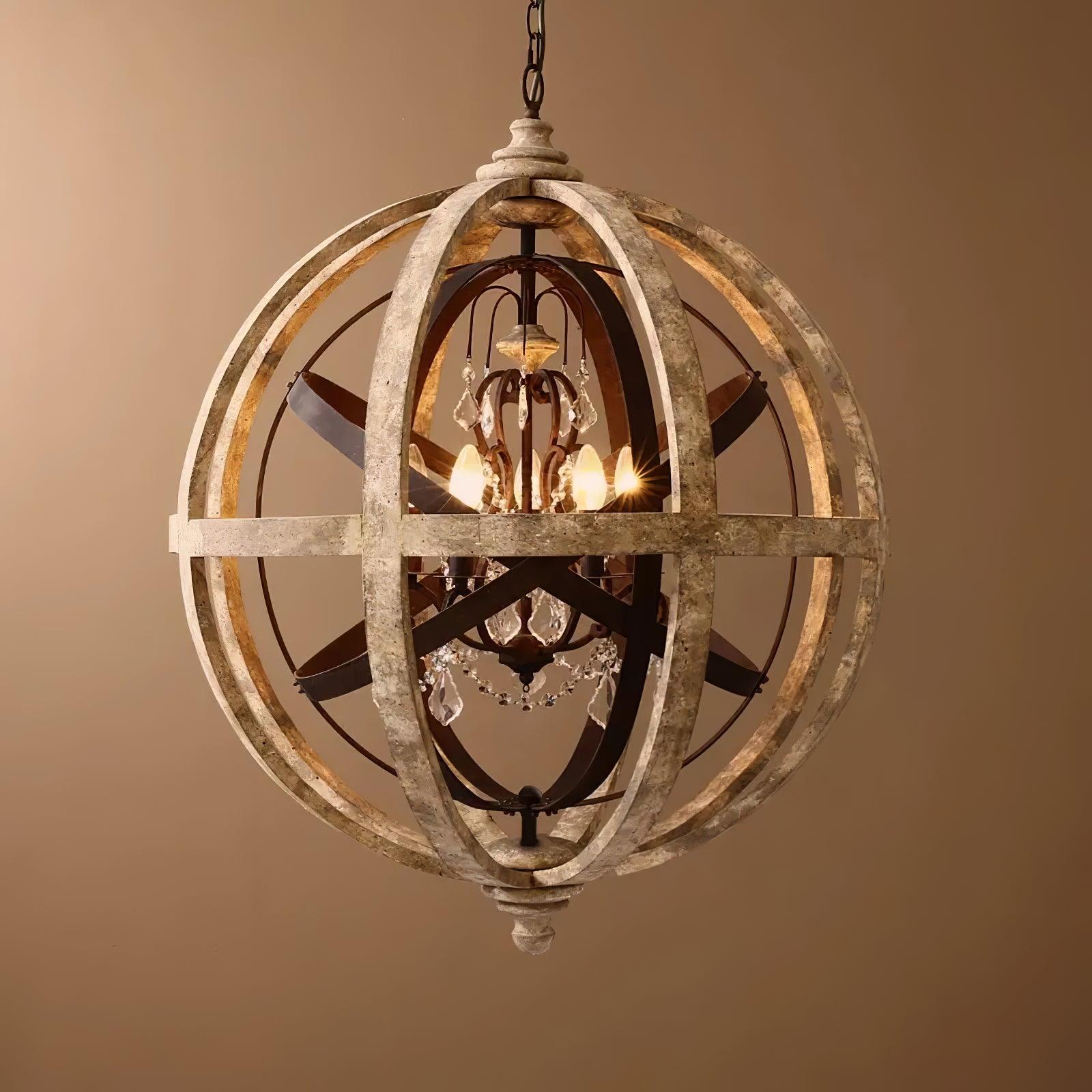 Juno Chandelier Retro Globe with Weathered Wood