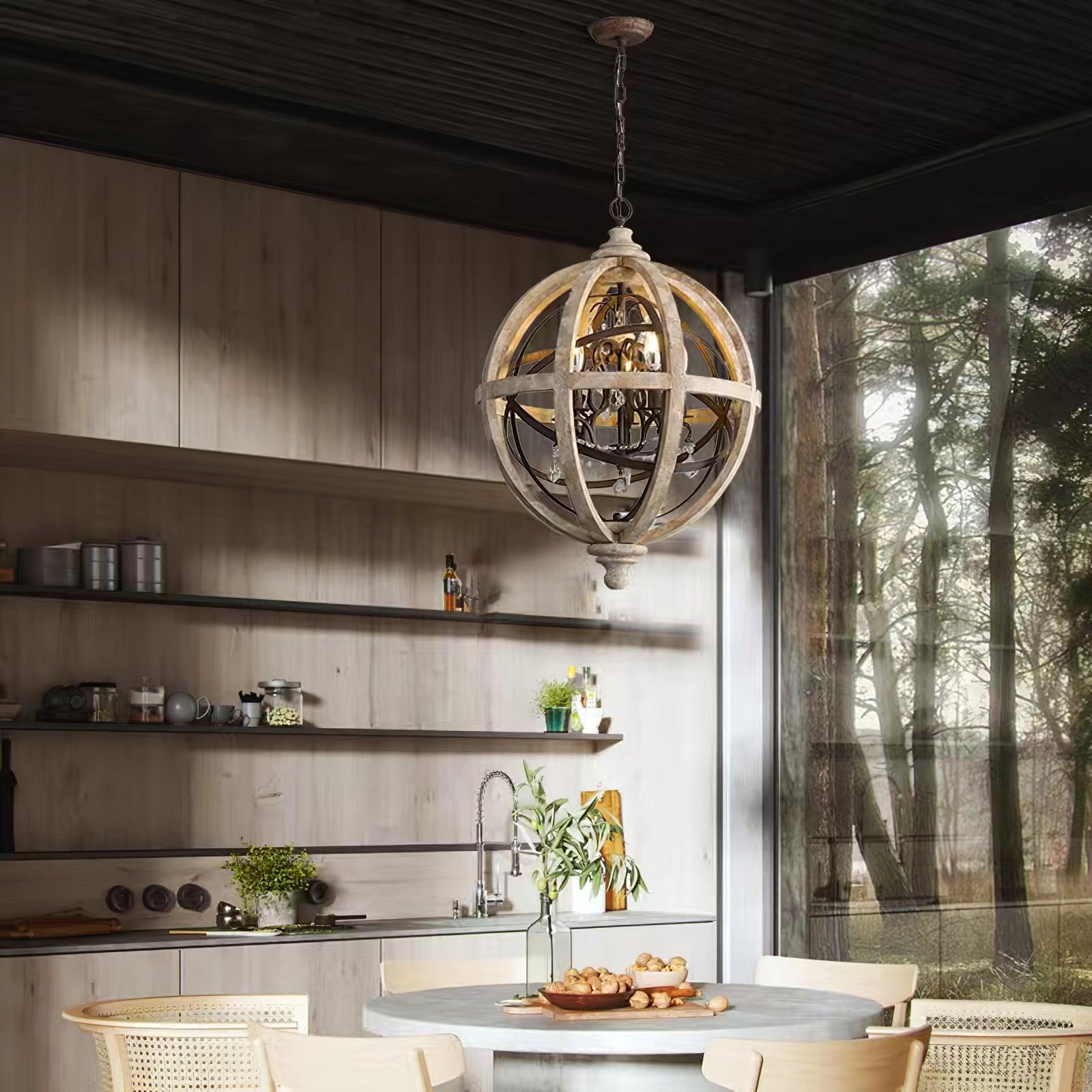 Juno Chandelier Retro Globe with Weathered Wood