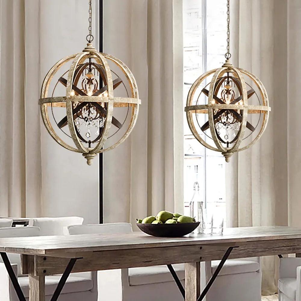 Juno Chandelier Retro Globe with Weathered Wood