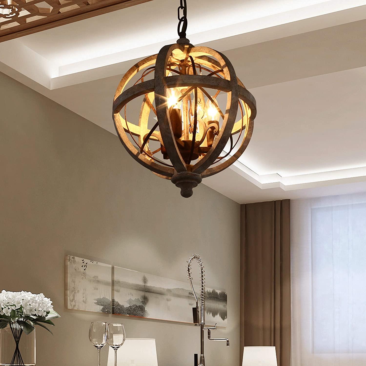 Juno Chandelier Retro Globe with Weathered Wood