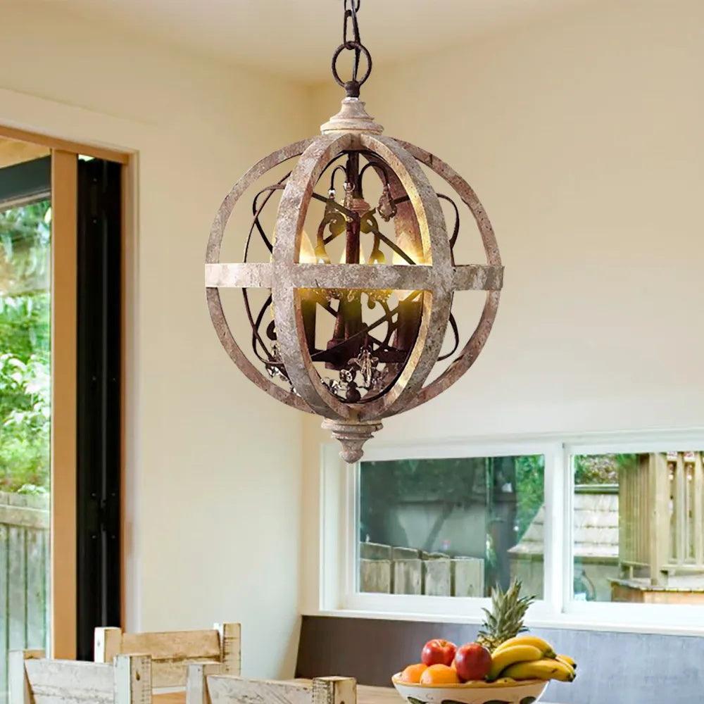 Juno Chandelier Retro Globe with Weathered Wood