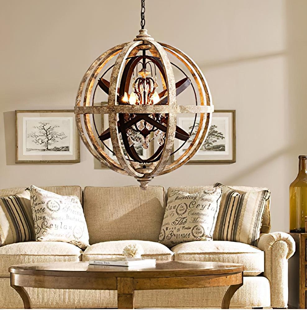 Juno Chandelier Retro Globe with Weathered Wood