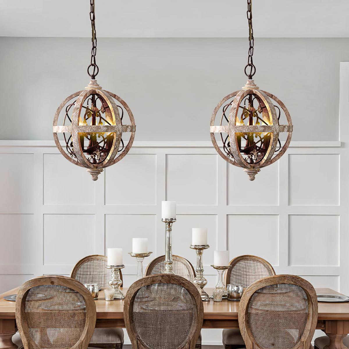 Juno Chandelier Retro Globe with Weathered Wood