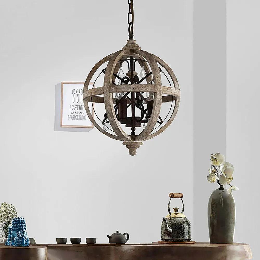 Juno Chandelier Retro Globe with Weathered Wood