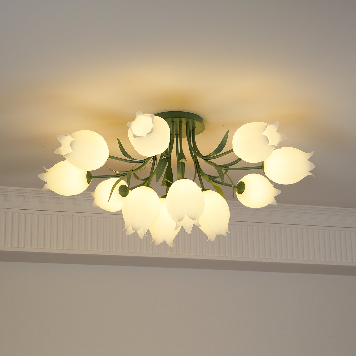 Ivory Ceiling Light Lily Flower Blossom Green Base