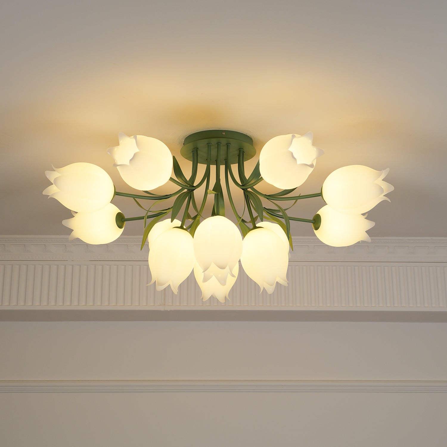 Ivory Ceiling Light Lily Flower Blossom Green Base