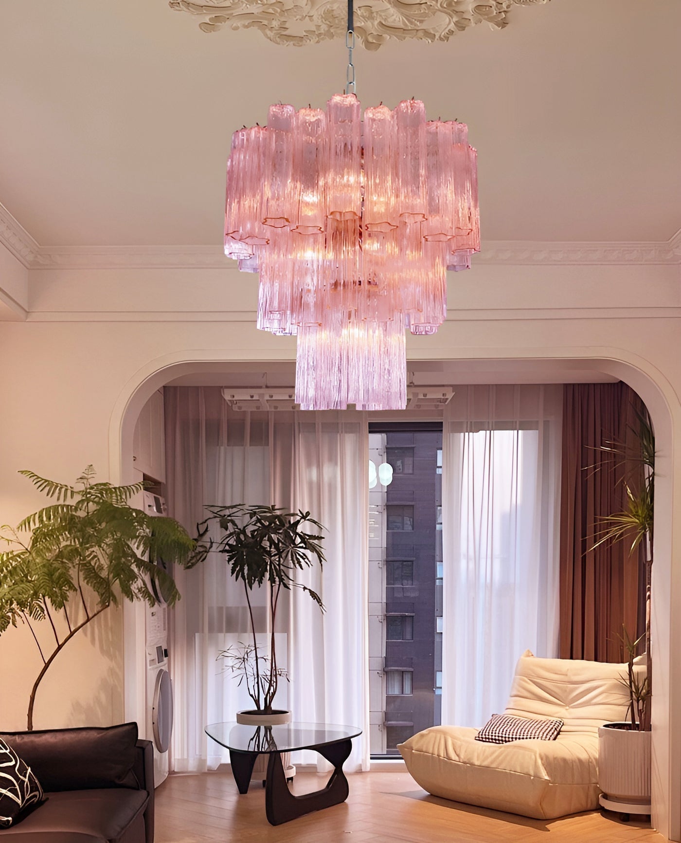 Veloraria Chandelier Pink Glass Tubes Layered Modern