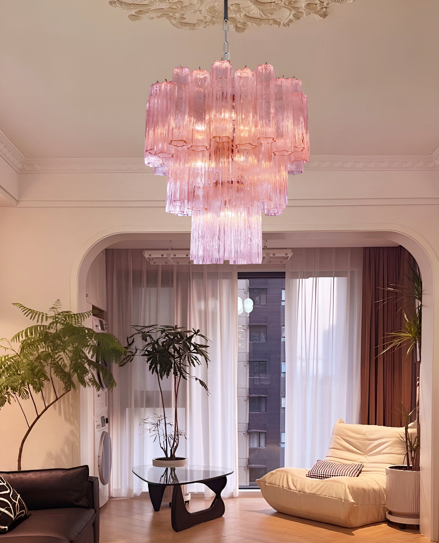 Veloraria Chandelier Pink Glass Tubes Layered Modern