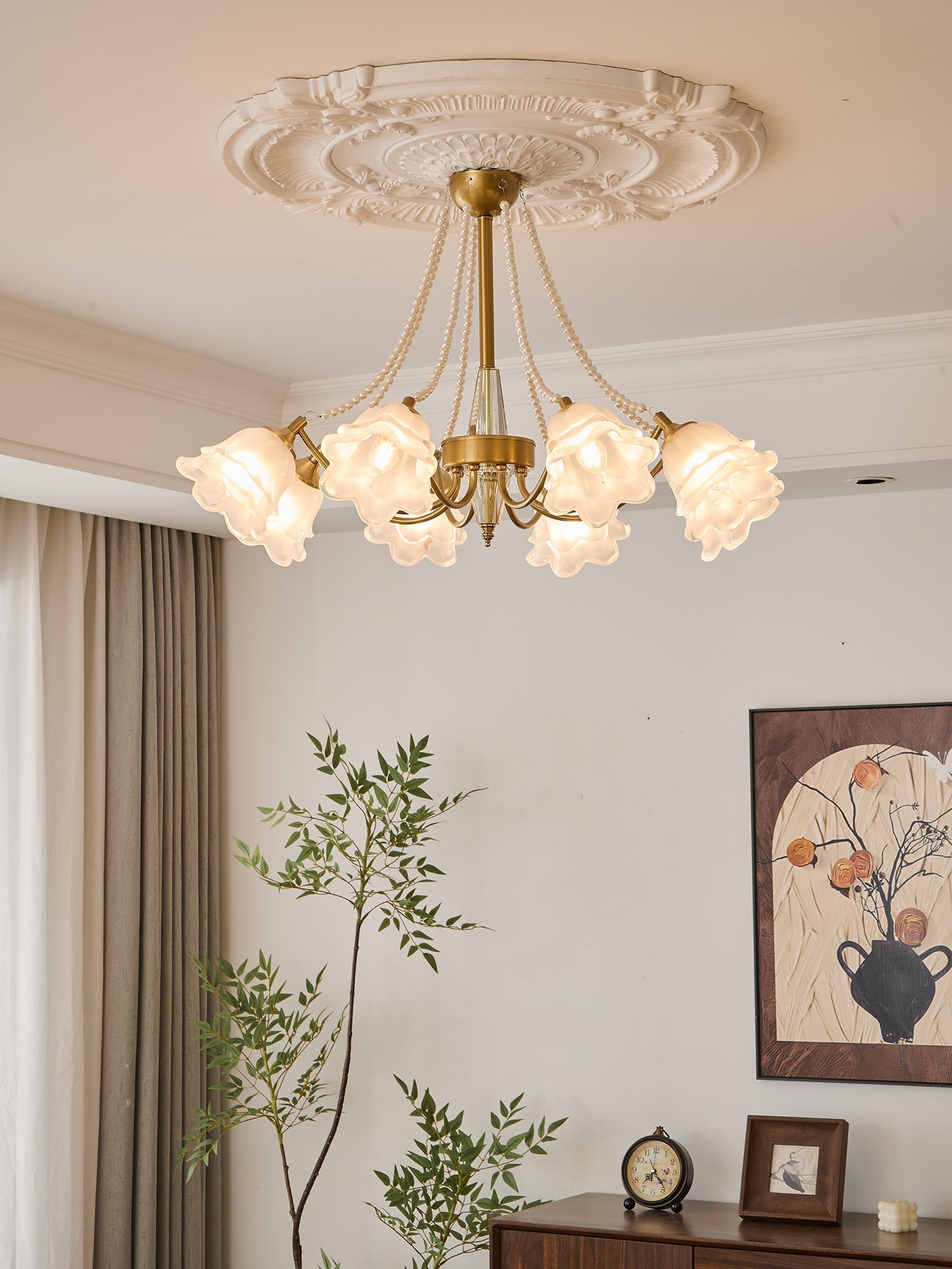 Allirila Traditional Elegance Vintage Bloom Pearls Glass Chandelier