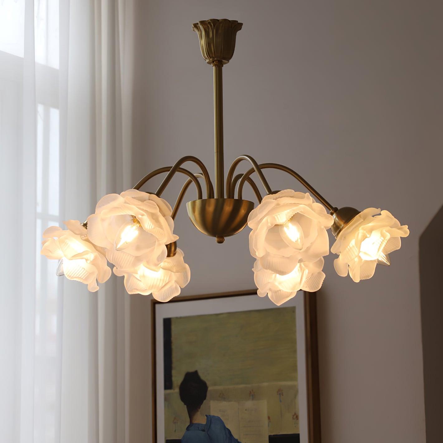 Lustra Chandelier Brass Glass Rose Floral - Neutral Decor