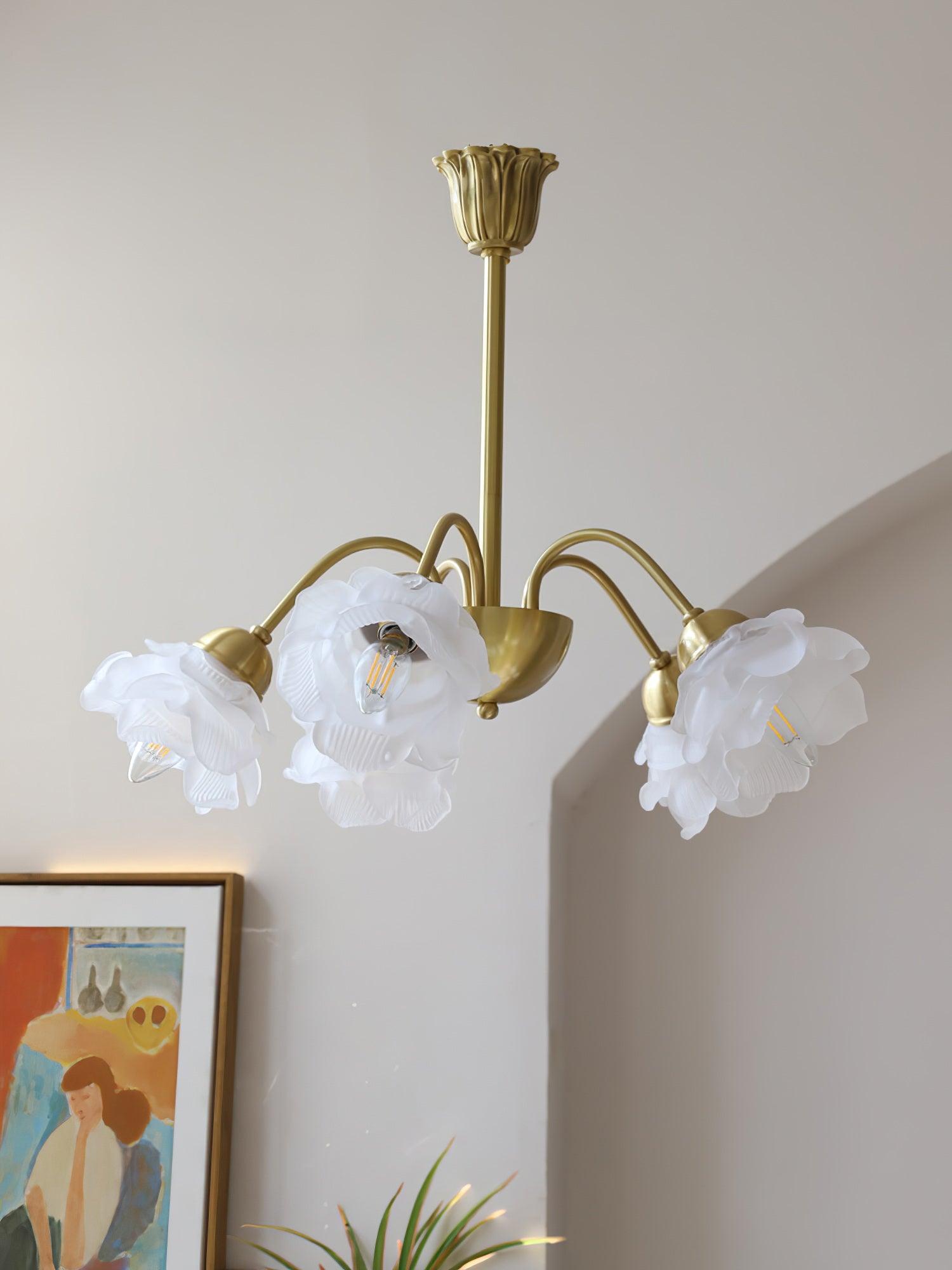 Lustra Chandelier Brass Glass Rose Floral - Neutral Decor