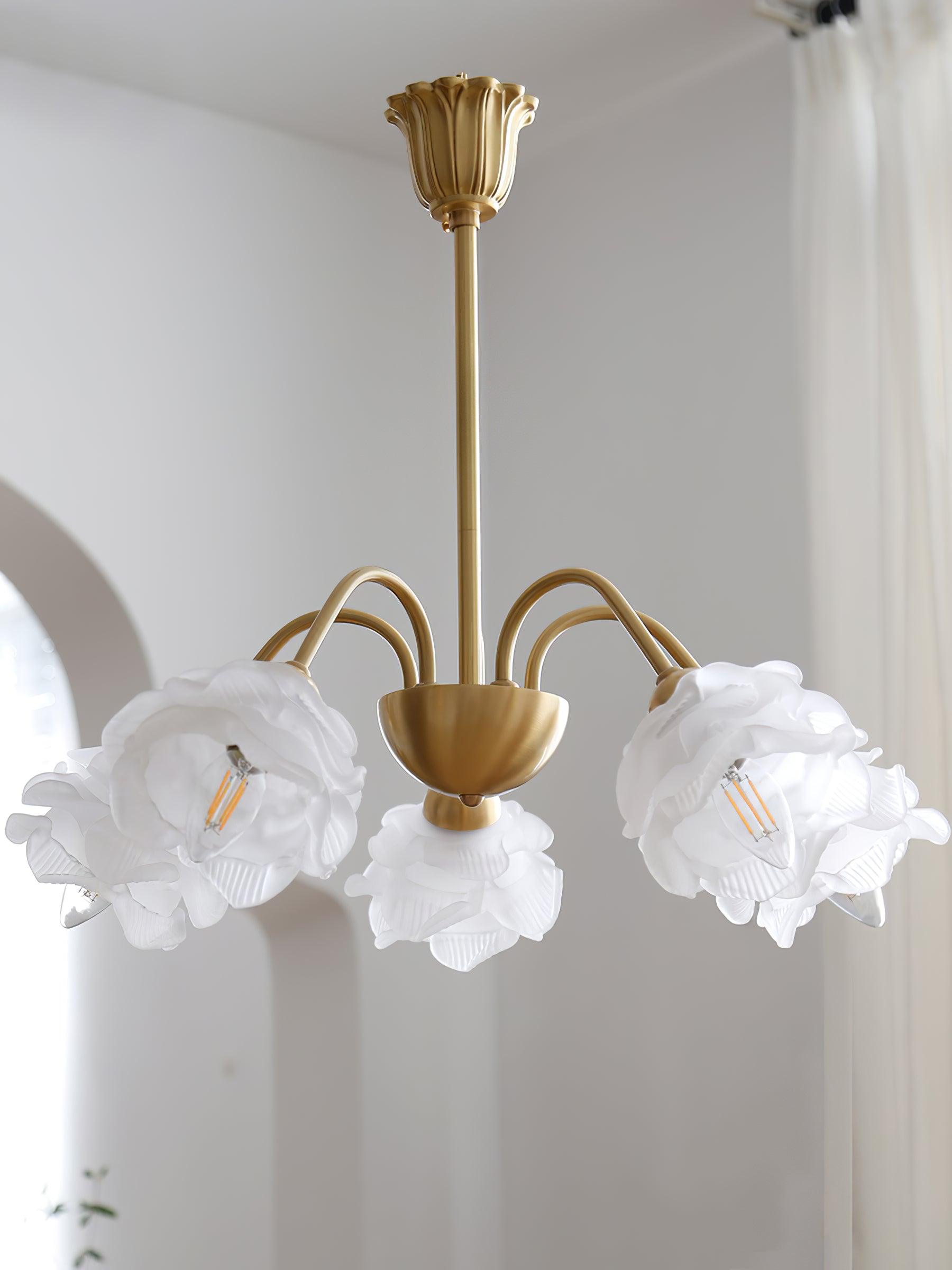 Lustra Chandelier Brass Glass Rose Floral - Neutral Decor