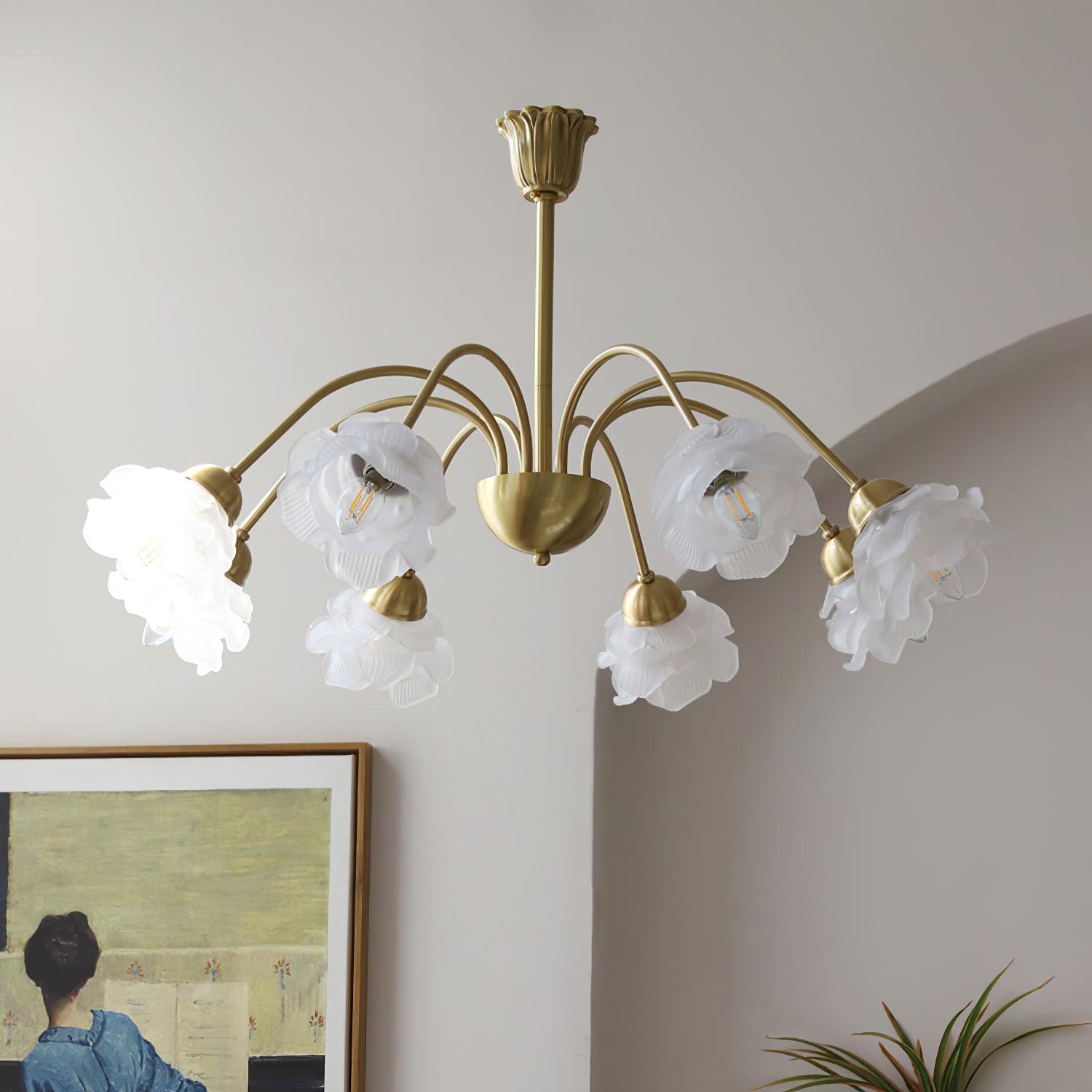 Lustra Chandelier Brass Glass Rose Floral - Neutral Decor