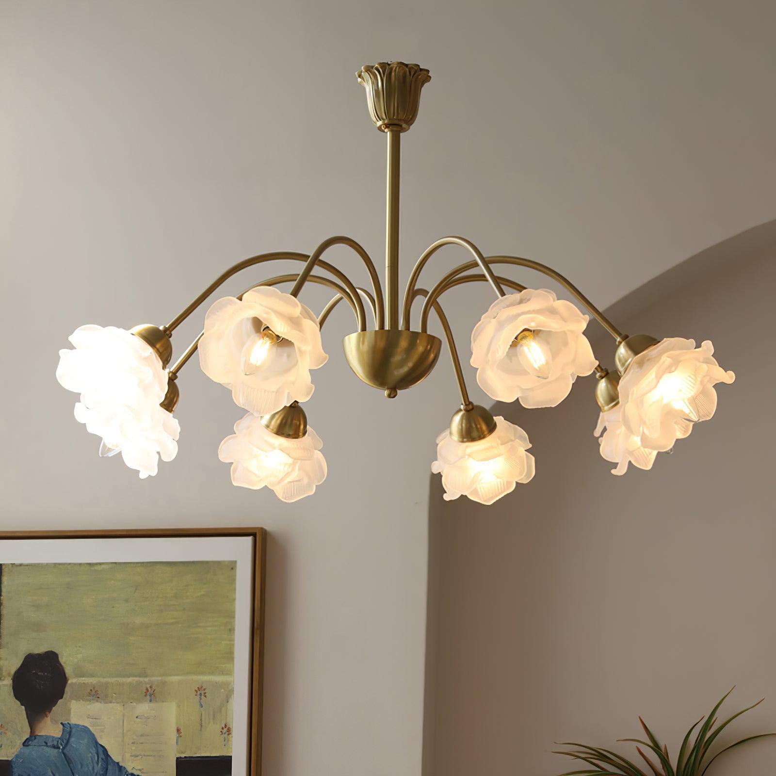 Lustra Chandelier Brass Glass Rose Floral - Neutral Decor