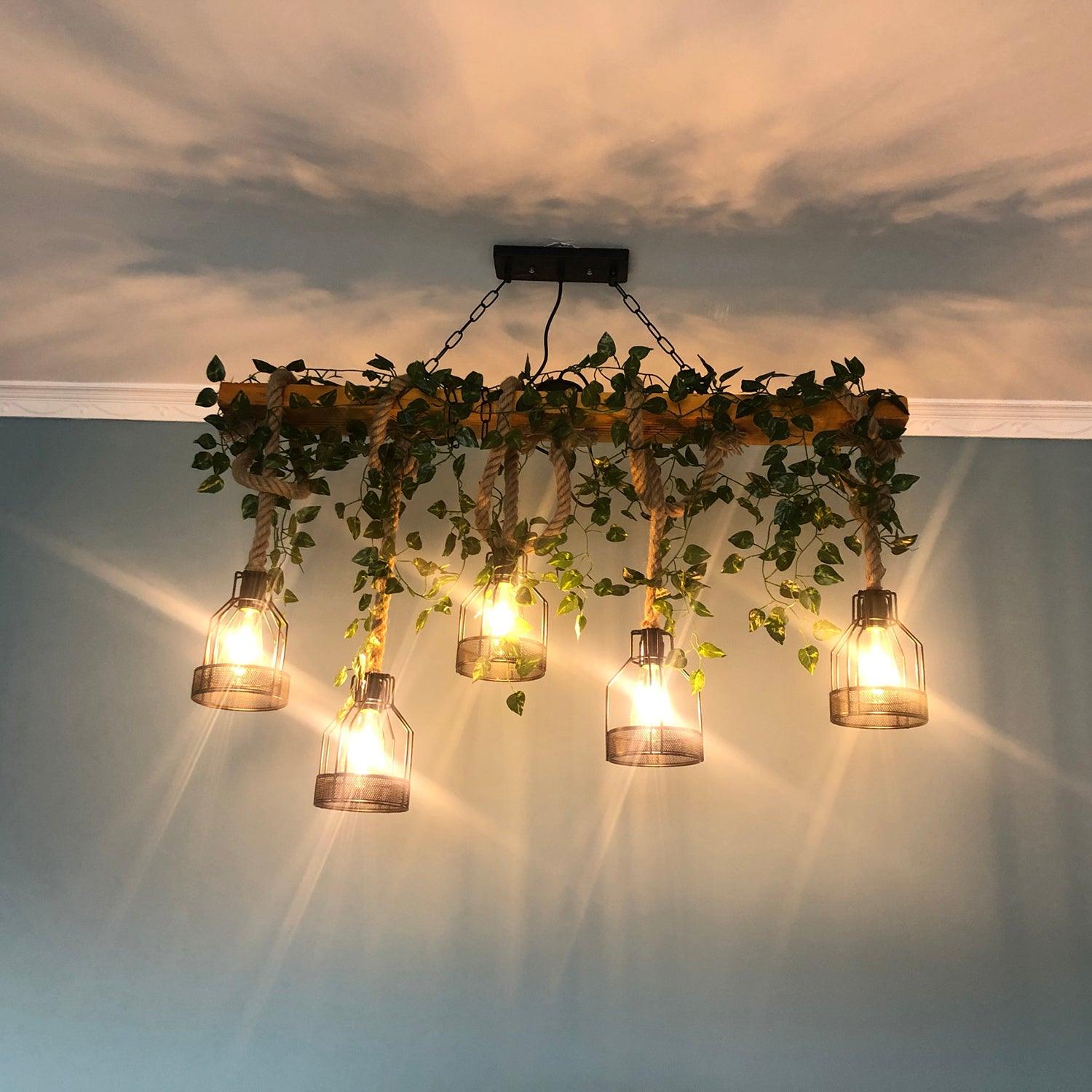Qyron Chandelier Rustic Wooden Beam Rope Cage Cozy