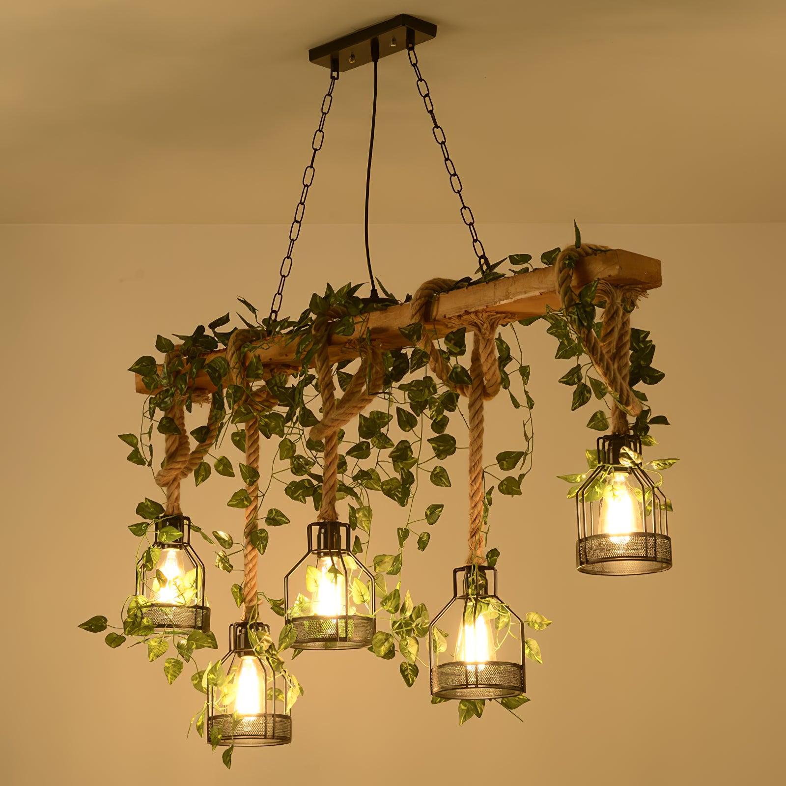 Qyron Chandelier Rustic Wooden Beam Rope Cage Cozy