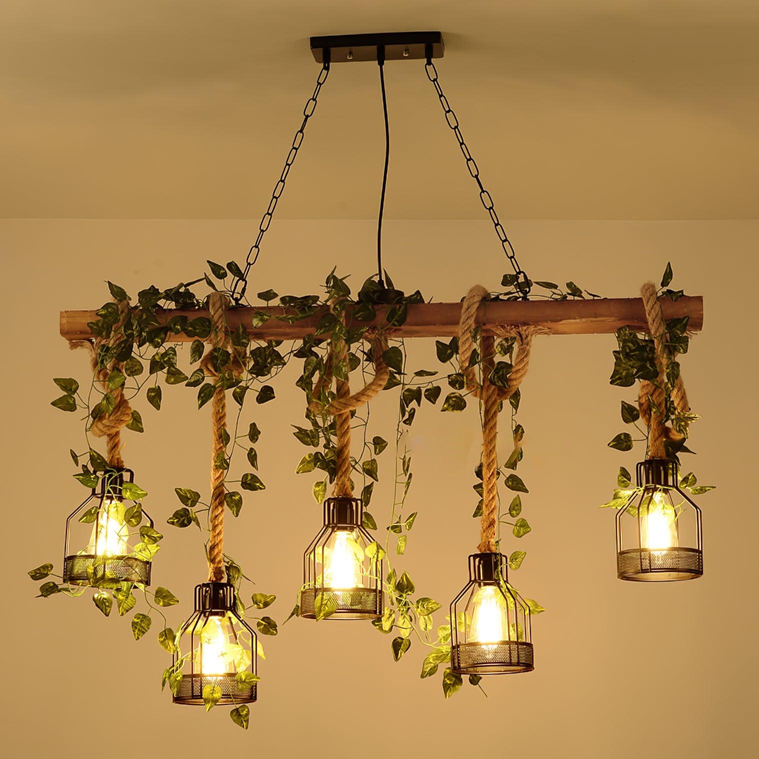 Qyron Chandelier Rustic Wooden Beam Rope Cage Cozy