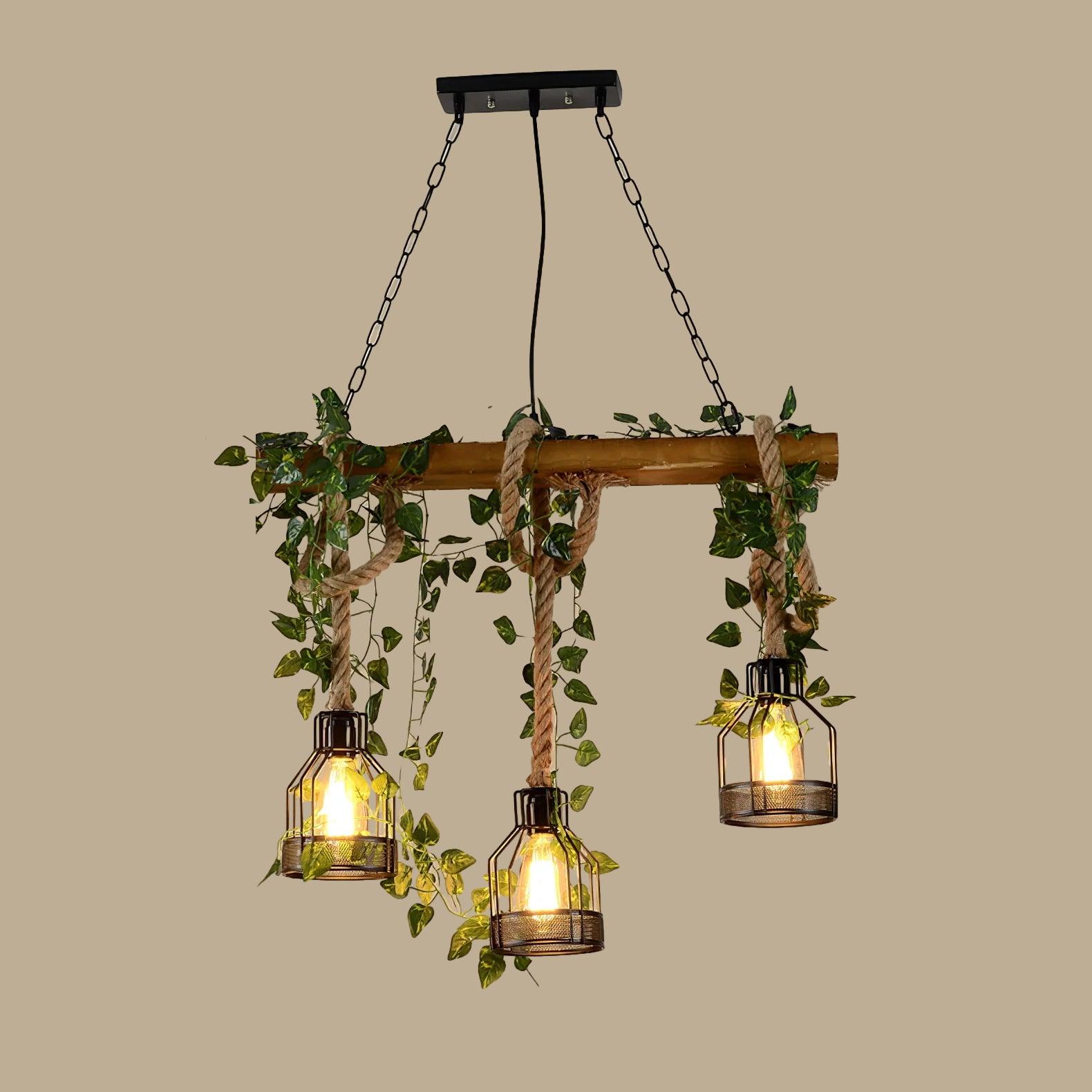 Qyron Chandelier Rustic Wooden Beam Rope Cage Cozy