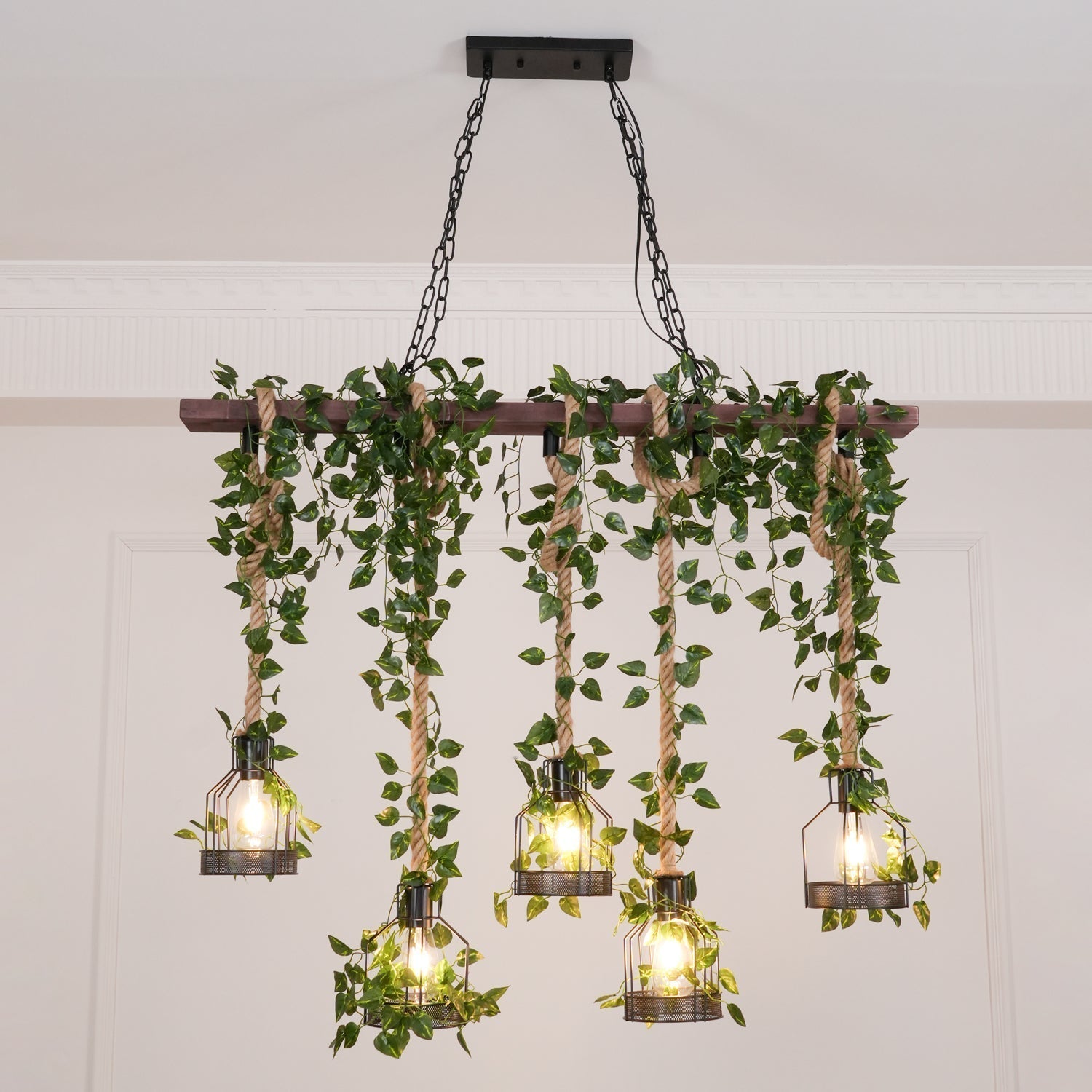 Qyron Chandelier Rustic Wooden Beam Rope Cage Cozy