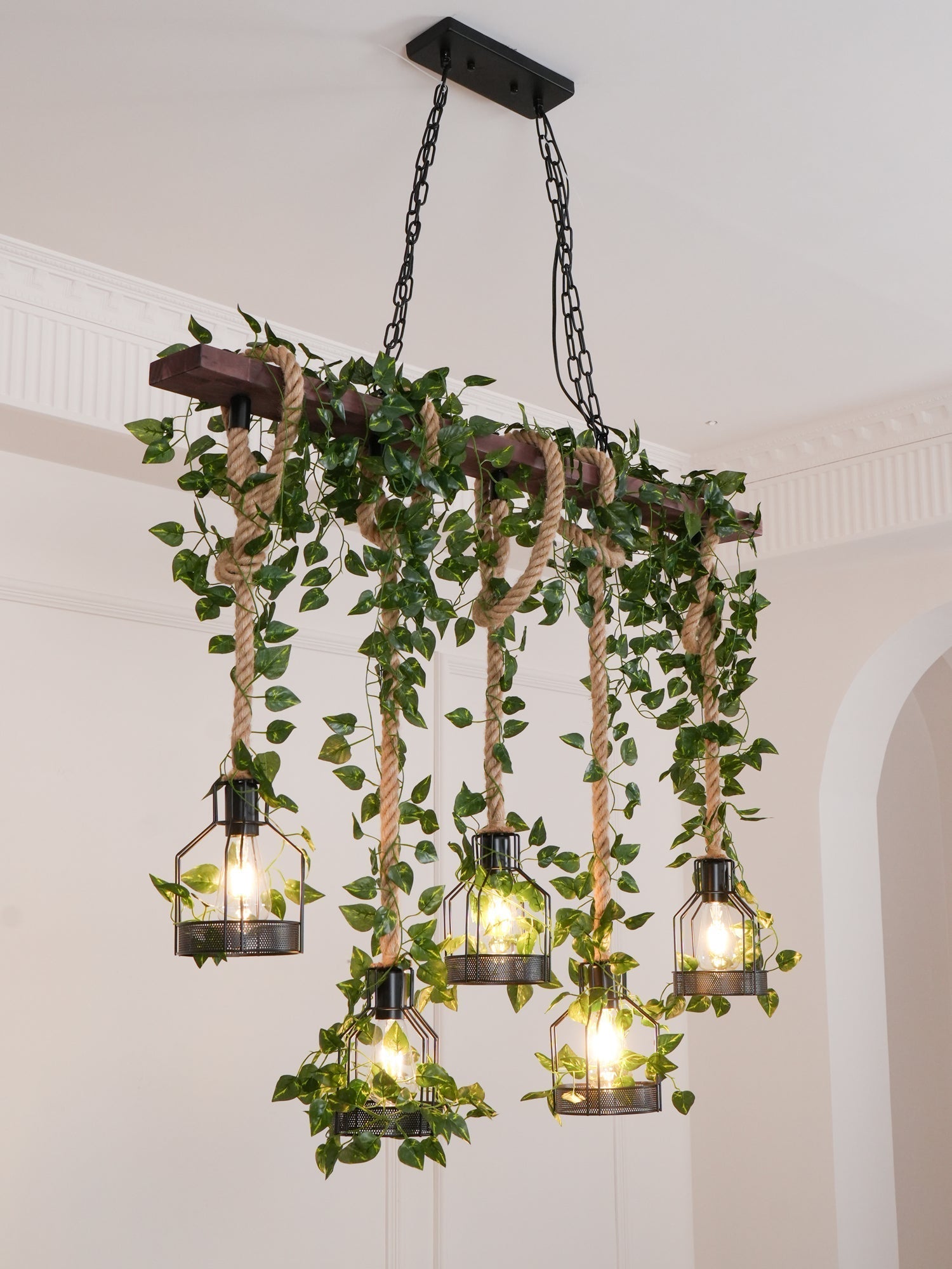 Qyron Chandelier Rustic Wooden Beam Rope Cage Cozy
