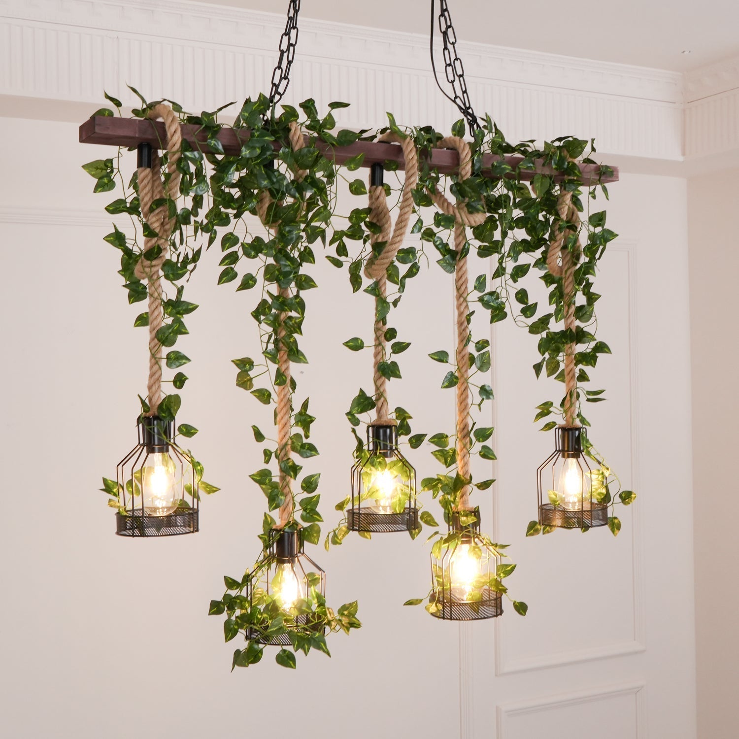 Qyron Chandelier Rustic Wooden Beam Rope Cage Cozy