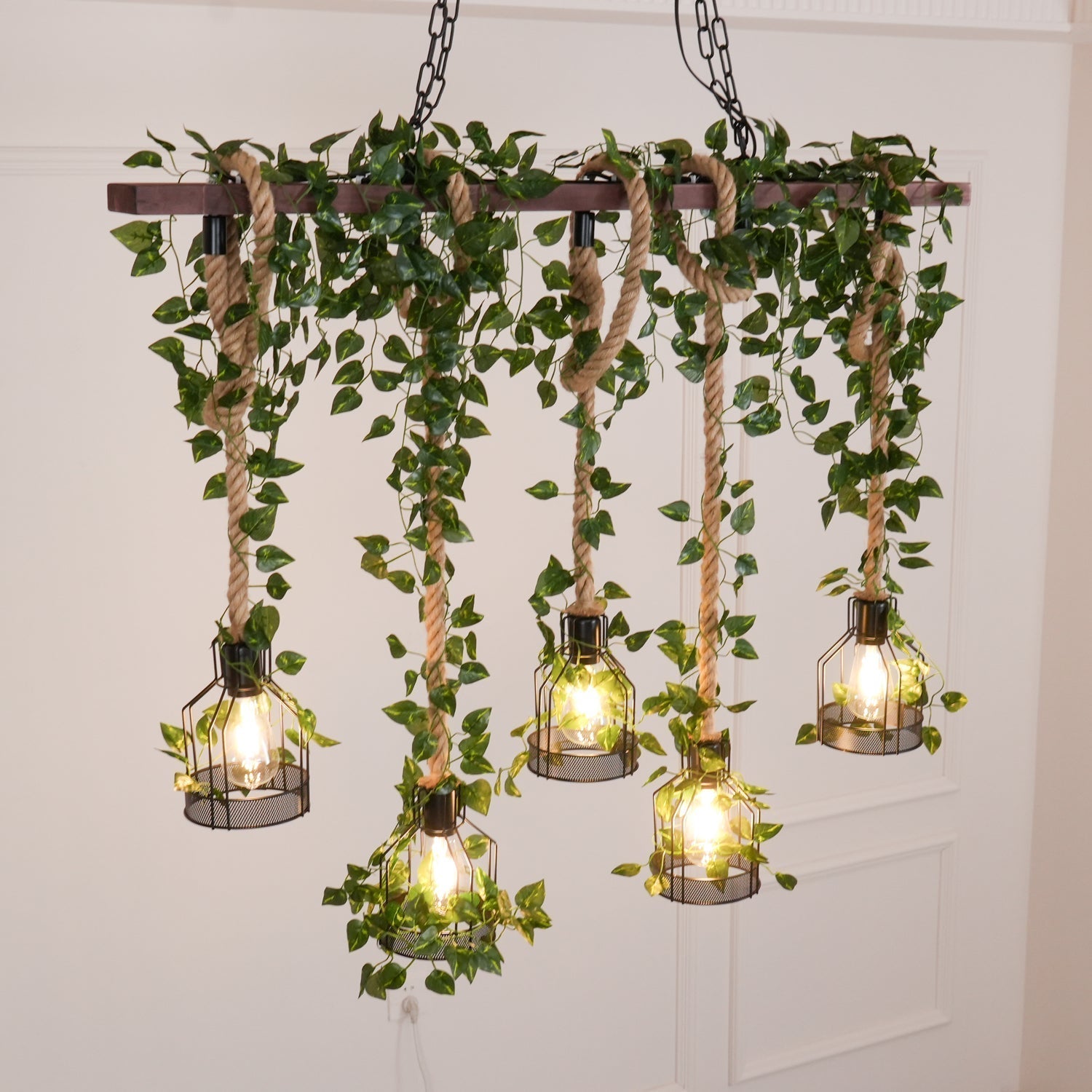 Qyron Chandelier Rustic Wooden Beam Rope Cage Cozy