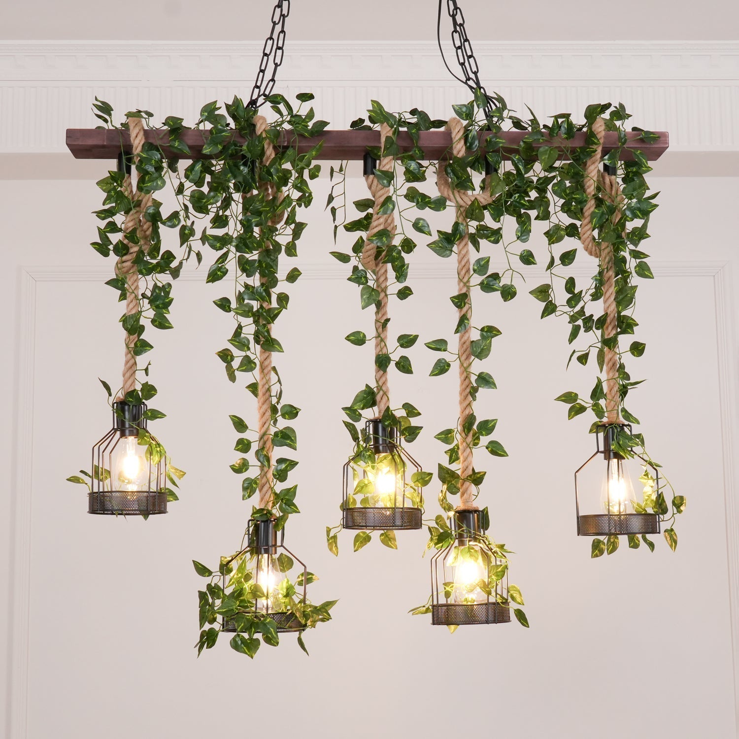 Qyron Chandelier Rustic Wooden Beam Rope Cage Cozy