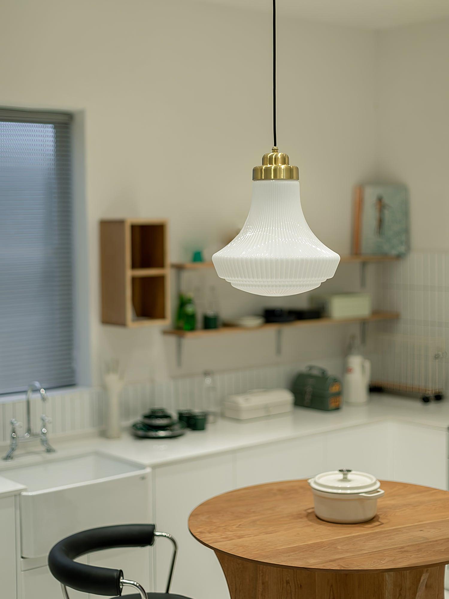 Duo Pendant Lamp Opal Glass Ribbed Bell Brass Vintage