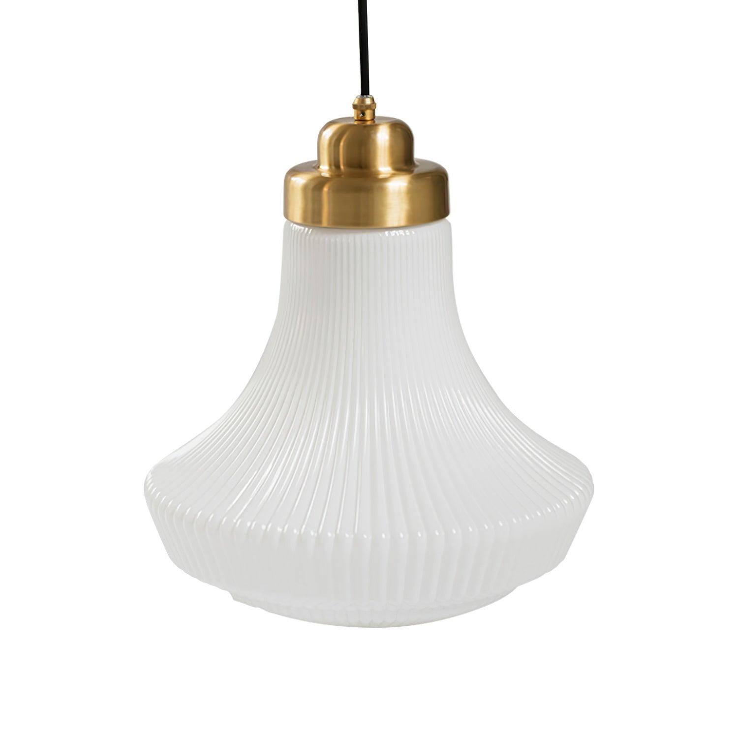 Duo Pendant Lamp Opal Glass Ribbed Bell Brass Vintage