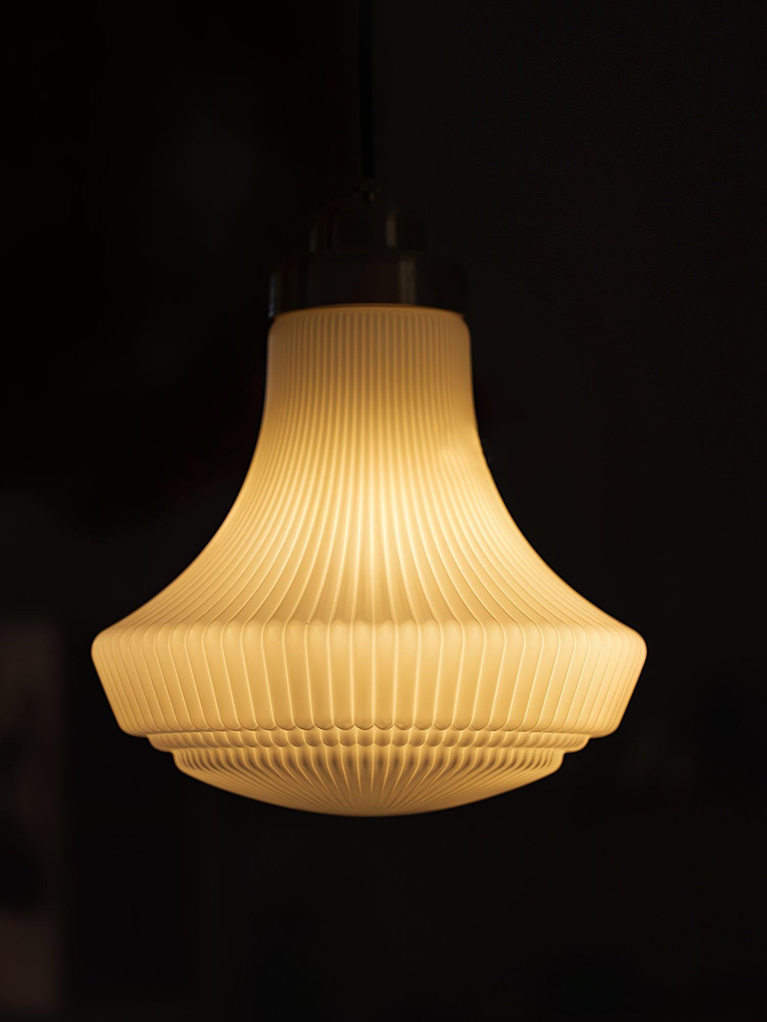 Duo Pendant Lamp Opal Glass Ribbed Bell Brass Vintage
