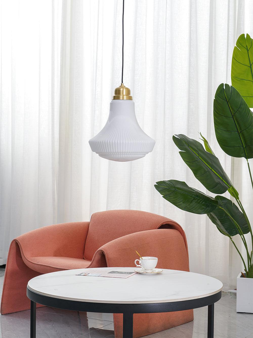 Duo Pendant Lamp Opal Glass Ribbed Bell Brass Vintage