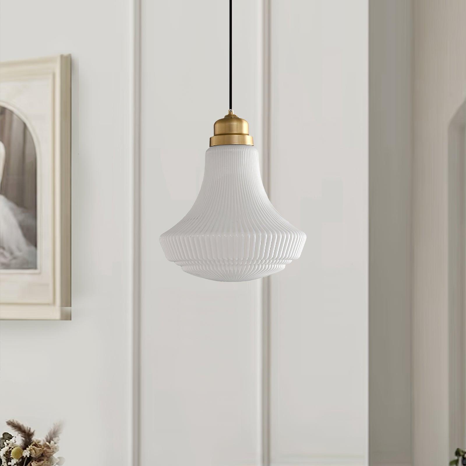 Duo Pendant Lamp Opal Glass Ribbed Bell Brass Vintage