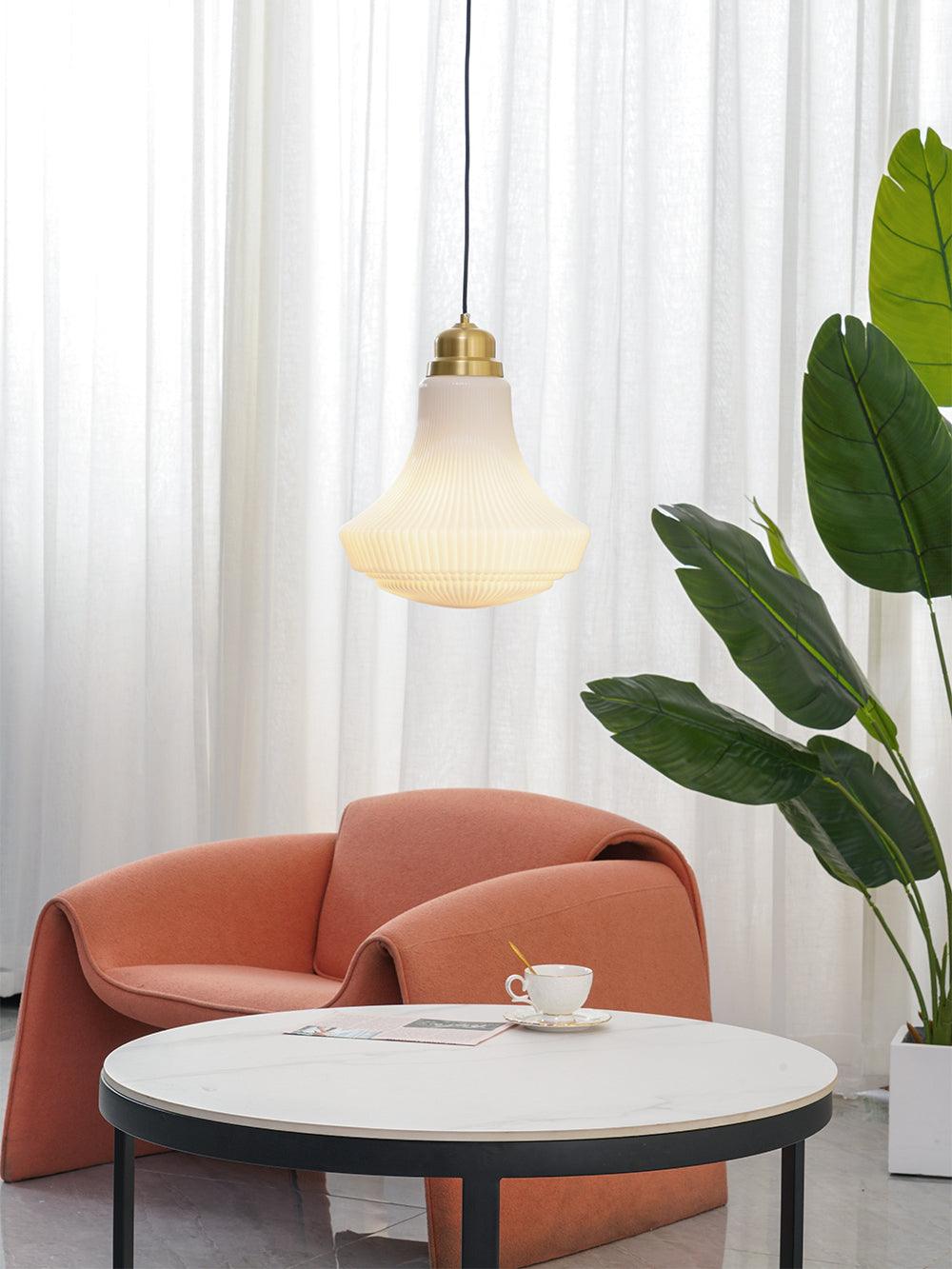 Duo Pendant Lamp Opal Glass Ribbed Bell Brass Vintage